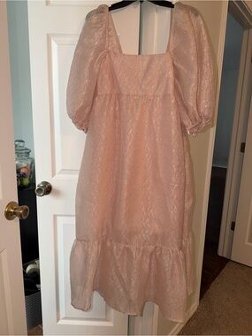 Anthropologie Blush Puff-Sleeve Lace Midi Dress